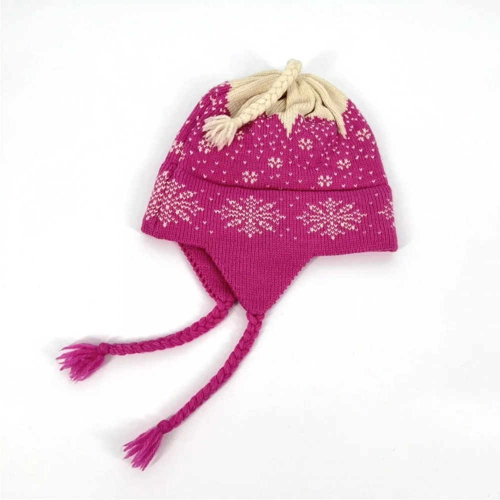 Vintage Ski Hat Pink Fairisle Knit Earflaps Wool Blend Vermont Needlecrafts USA